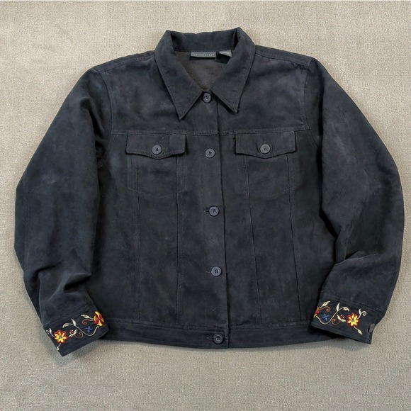Relativity Faux Suede Jacket Womens Medium Black Floral Embroidered Boho Western — photo 2